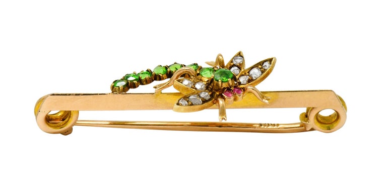 Victorian Demantoid Garnet Diamond 14 Karat Gold Dragonfly Safety Pin Brooch 1