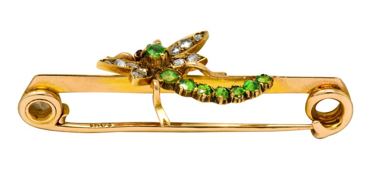 Victorian Demantoid Garnet Diamond 14 Karat Gold Dragonfly Safety Pin Brooch 2