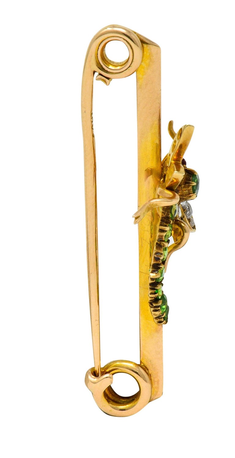 Victorian Demantoid Garnet Diamond 14 Karat Gold Dragonfly Safety Pin Brooch 3