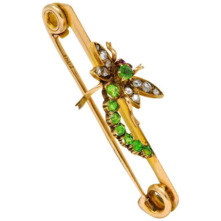 Victorian Demantoid Garnet Diamond 14 Karat Gold Dragonfly Safety Pin Brooch