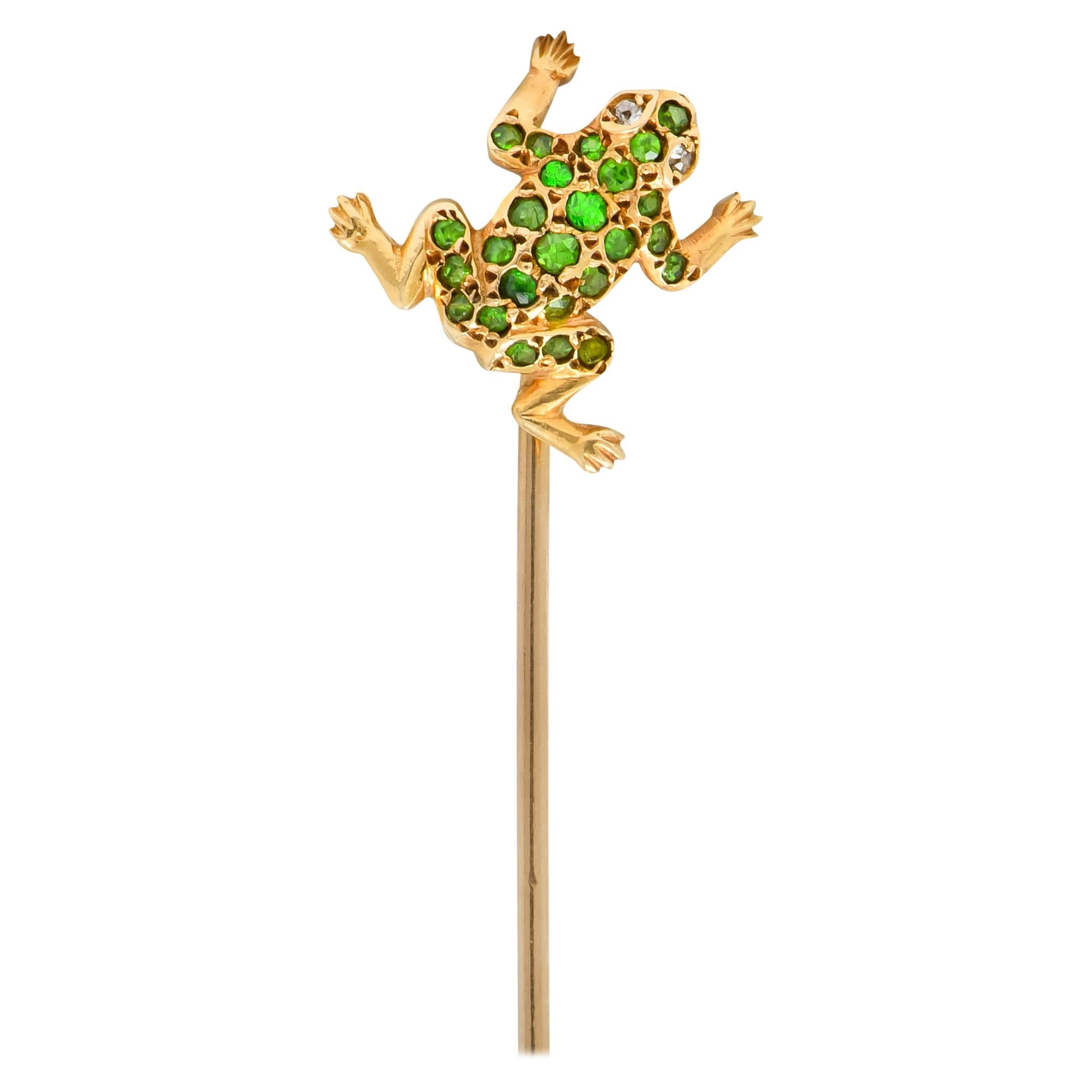 Victorian Demantoid Garnet Diamond 14 Karat Gold Frog Sitckpin