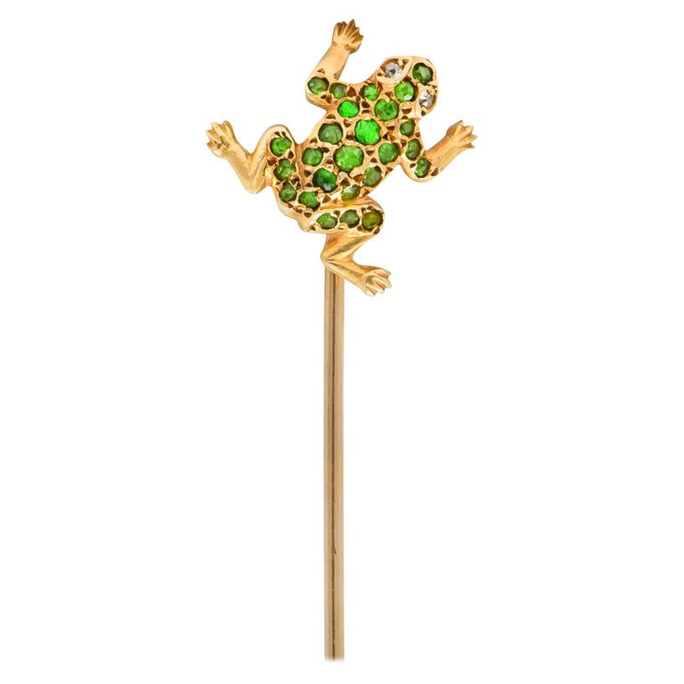 Victorian Demantoid Garnet Diamond 14 Karat Gold Frog Sitckpin For Sale