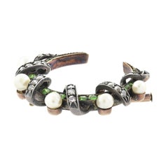 Victorian Demantoid Garnet, Diamond and Pearl Crescent Moon Pin