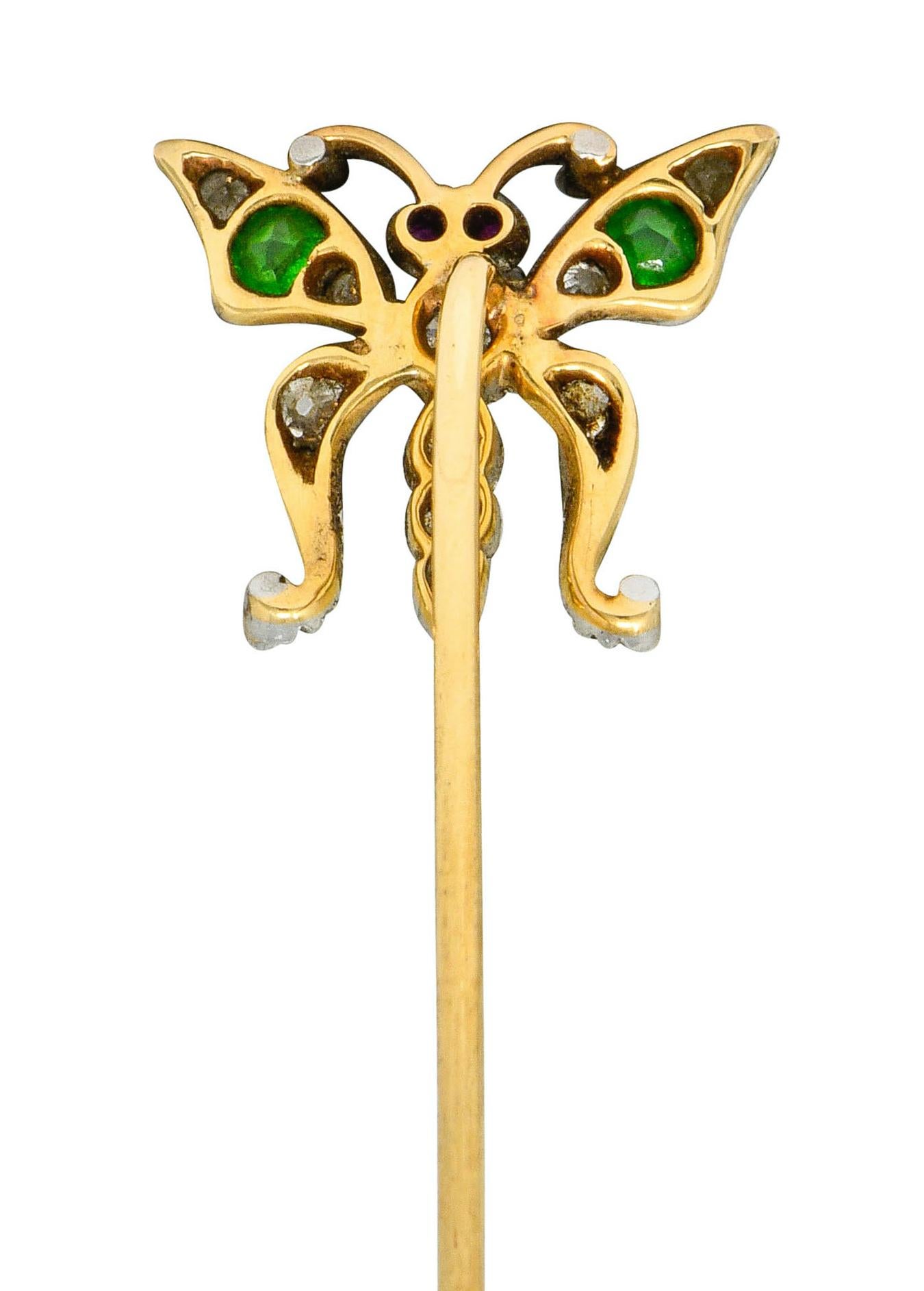 Taille vieille Europe Épingle à cravate papillon victorienne en or recouvert d'argent avec grenat démantoïde et diamants en vente