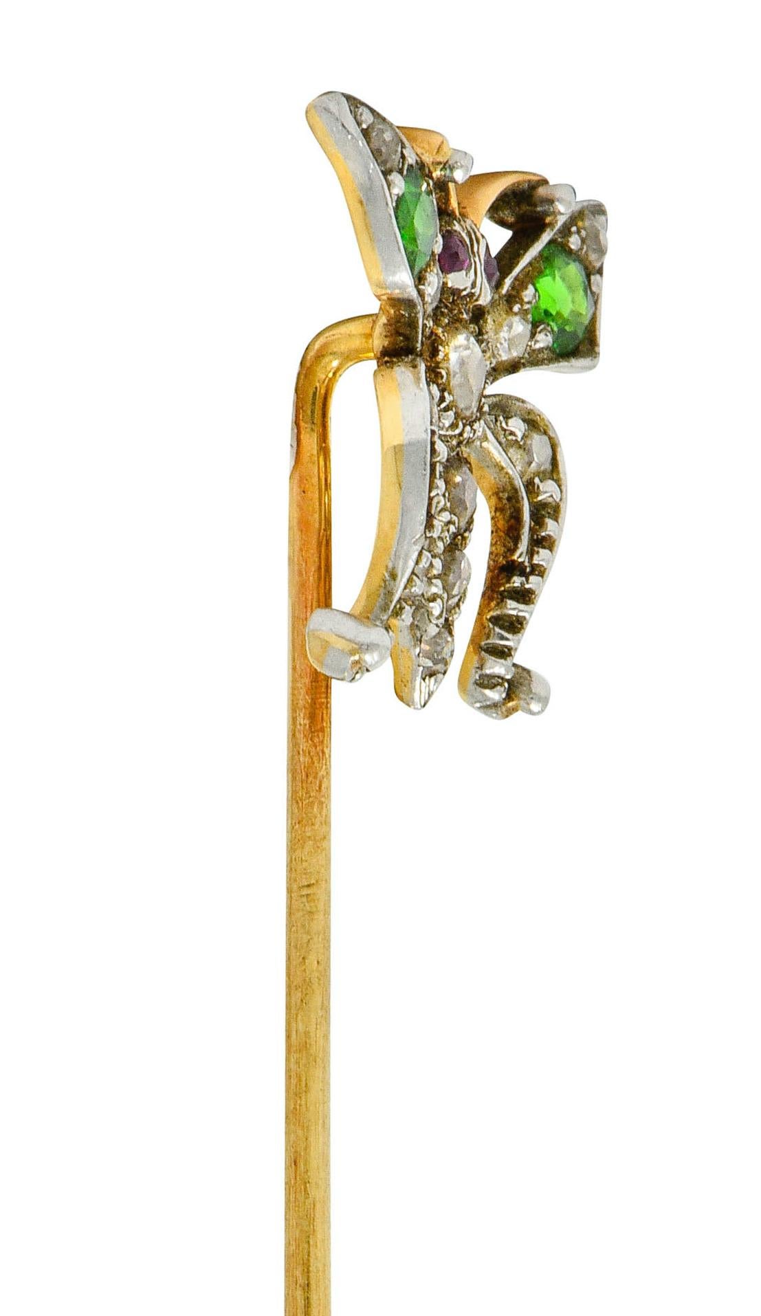 Victorian Demantoid Garnet Diamond Silver-Topped Gold Butterfly Stickpin In Excellent Condition For Sale In Philadelphia, PA