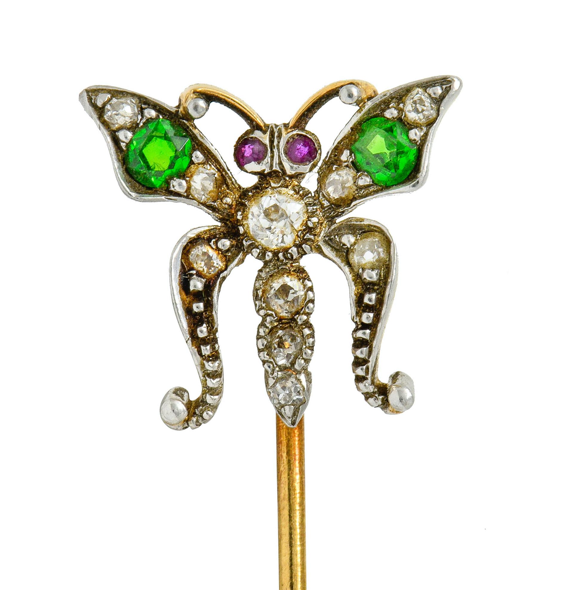 Women's or Men's Victorian Demantoid Garnet Diamond Silver-Topped Gold Butterfly Stickpin For Sale