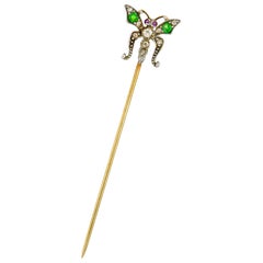 Victorian Demantoid Garnet Diamond Silver-Topped Gold Butterfly Stickpin
