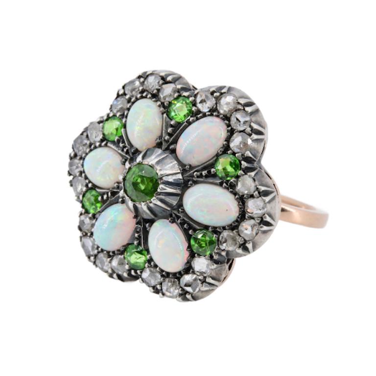 Rose Cut Victorian Demantoid Garnet, Opal, & Diamond Flower Convertible Ring Pendant For Sale
