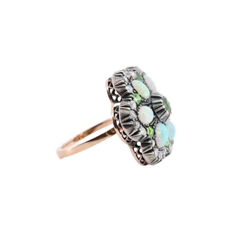 Victorian Demantoid Garnet, Opal, & Diamond Flower Convertible Ring Pendant In Good Condition For Sale In Boston, MA
