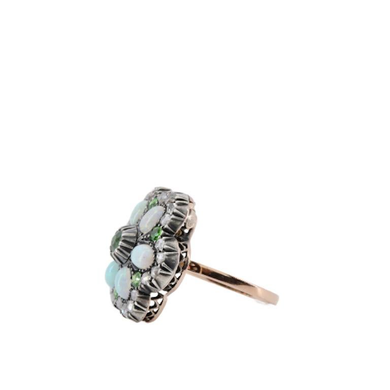 Women's Victorian Demantoid Garnet, Opal, & Diamond Flower Convertible Ring Pendant For Sale
