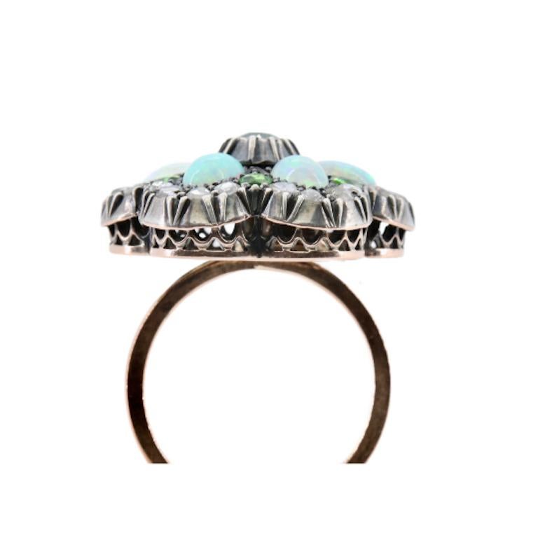 Victorian Demantoid Garnet, Opal, & Diamond Flower Convertible Ring Pendant For Sale 1