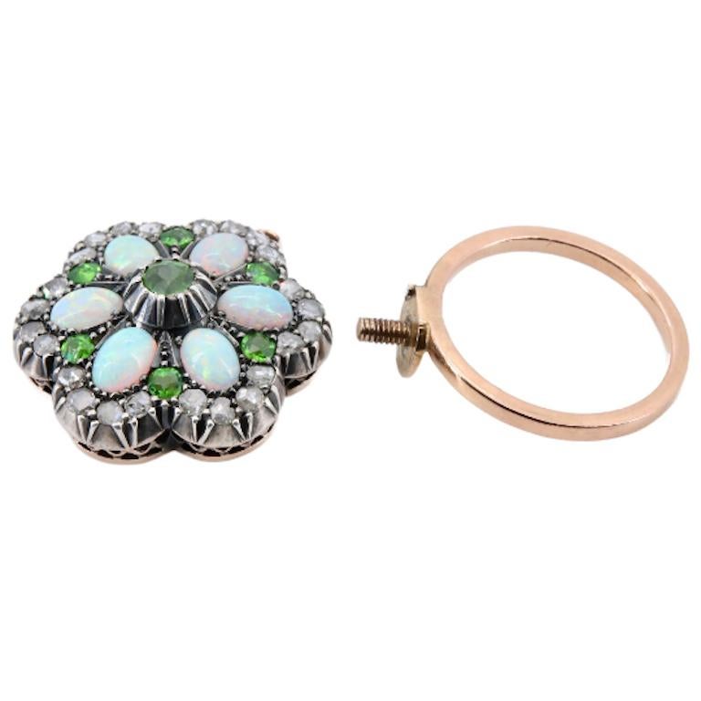 Victorian Demantoid Garnet, Opal, & Diamond Flower Convertible Ring Pendant For Sale 2