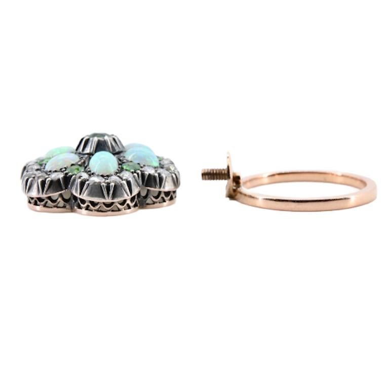 Victorian Demantoid Garnet, Opal, & Diamond Flower Convertible Ring Pendant For Sale 3