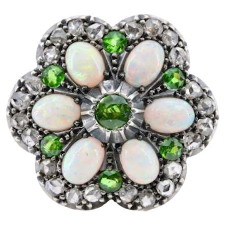 Victorian Demantoid Garnet, Opal, & Diamond Flower Convertible Ring Pendant For Sale