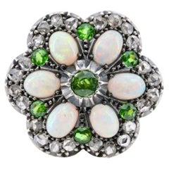 Victorian Demantoid Garnet, Opal, & Diamond Flower Convertible Ring Pendant