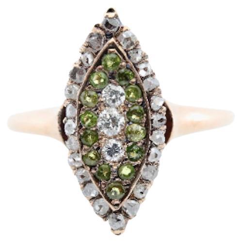 Victorian Demantoid Garnet & Rose Cut Diamond Navette Ring For Sale