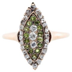 Victorian Demantoid Garnet & Rose Cut Diamond Navette Ring