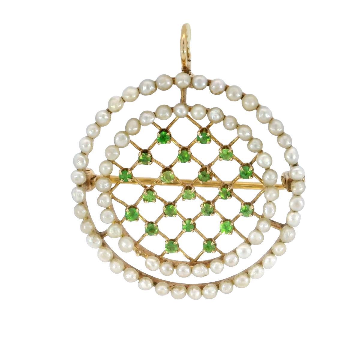 Broche Victoriano Colgante Demantoide Halo Perla Oro Amarillo 14K Corte redondo en venta