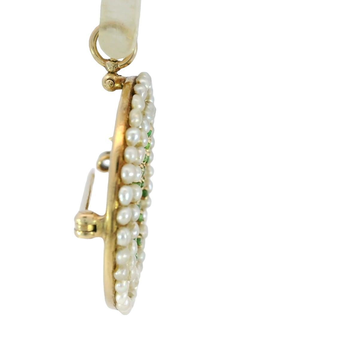 Broche Victoriano Colgante Demantoide Halo Perla Oro Amarillo 14K en Bueno estado para la venta en Fairfield, CT
