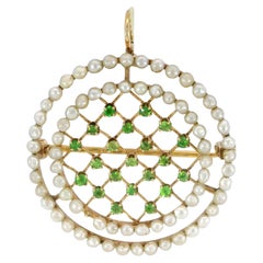 Victorian Demantoid Pendant Brooch Pearl Halo 14K Yellow Gold
