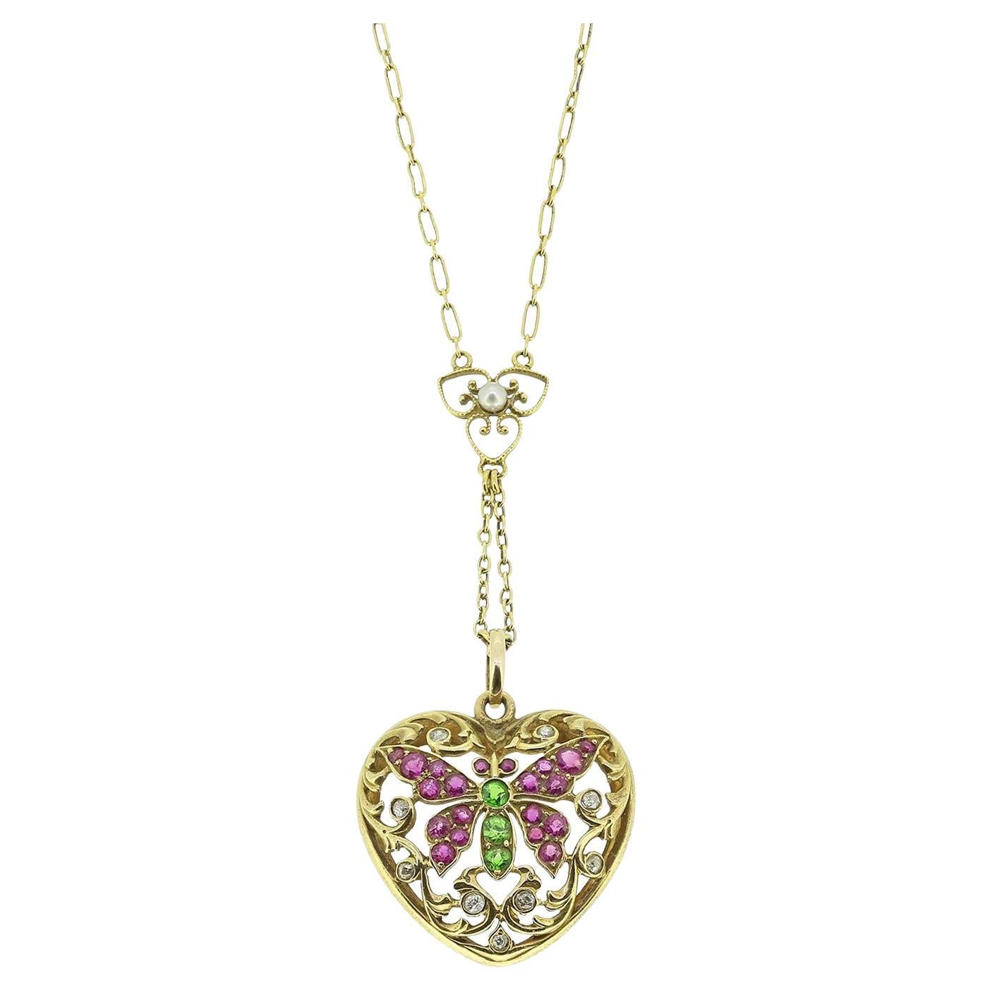 Collier victorien en forme de cœur avec rubis démantoïde, diamants et perles