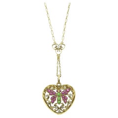 Collana vittoriana con cuore di diamanti, diamanti e perle di Demantoide