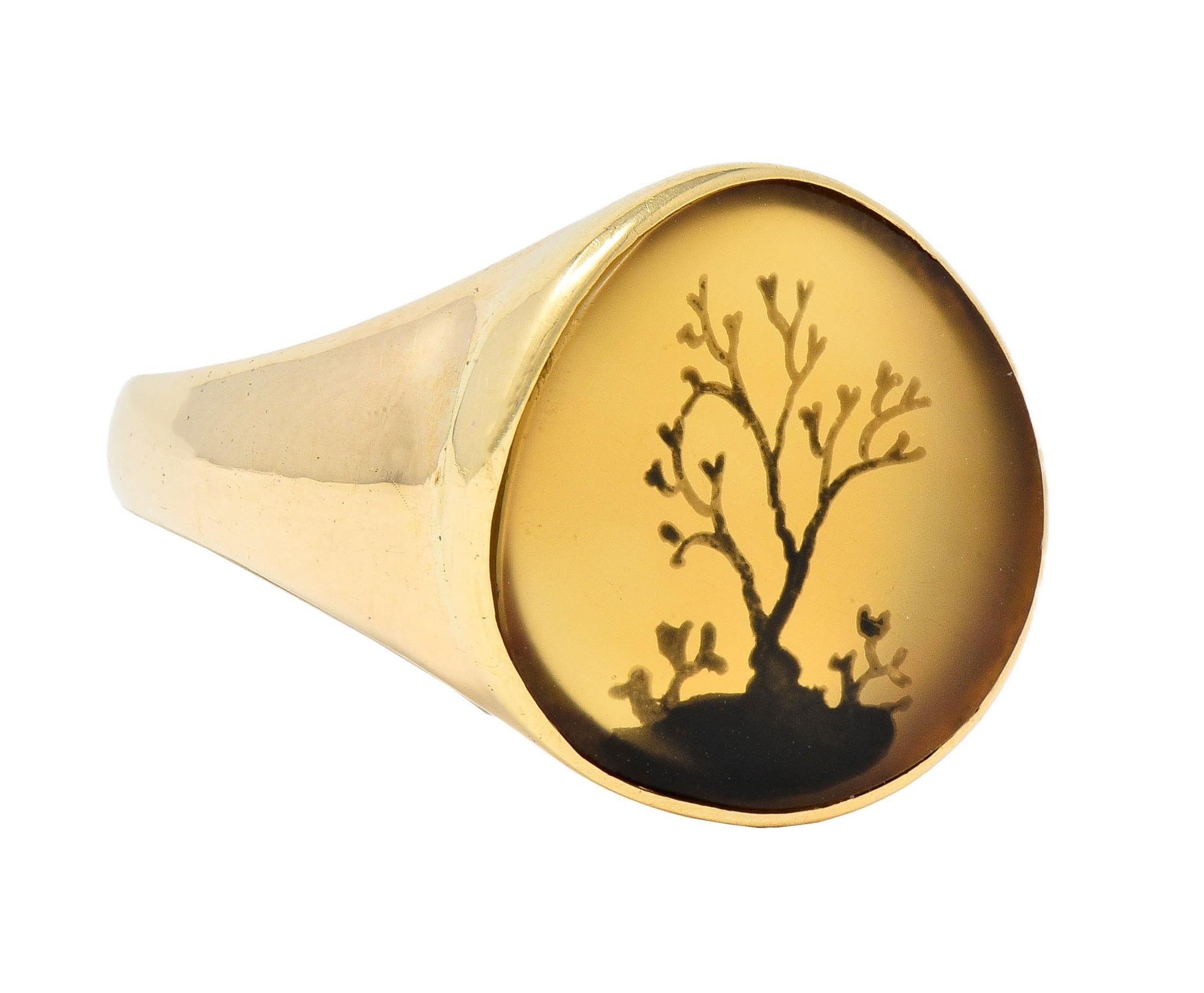 Round Cut Victorian Dendritic Agate 10 Karat Yellow Gold Antique Tree Of Life Signet Ring