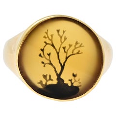 Victorian Dendritic Agate 10 Karat Yellow Gold Antique Tree Of Life Signet Ring