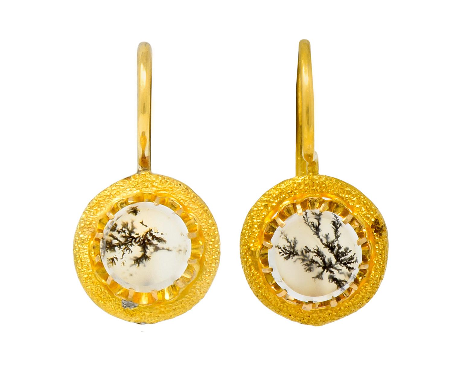 Round Cut Victorian Dendritic Agate 18 Karat Gold Articulated Day Night Drop Earrings