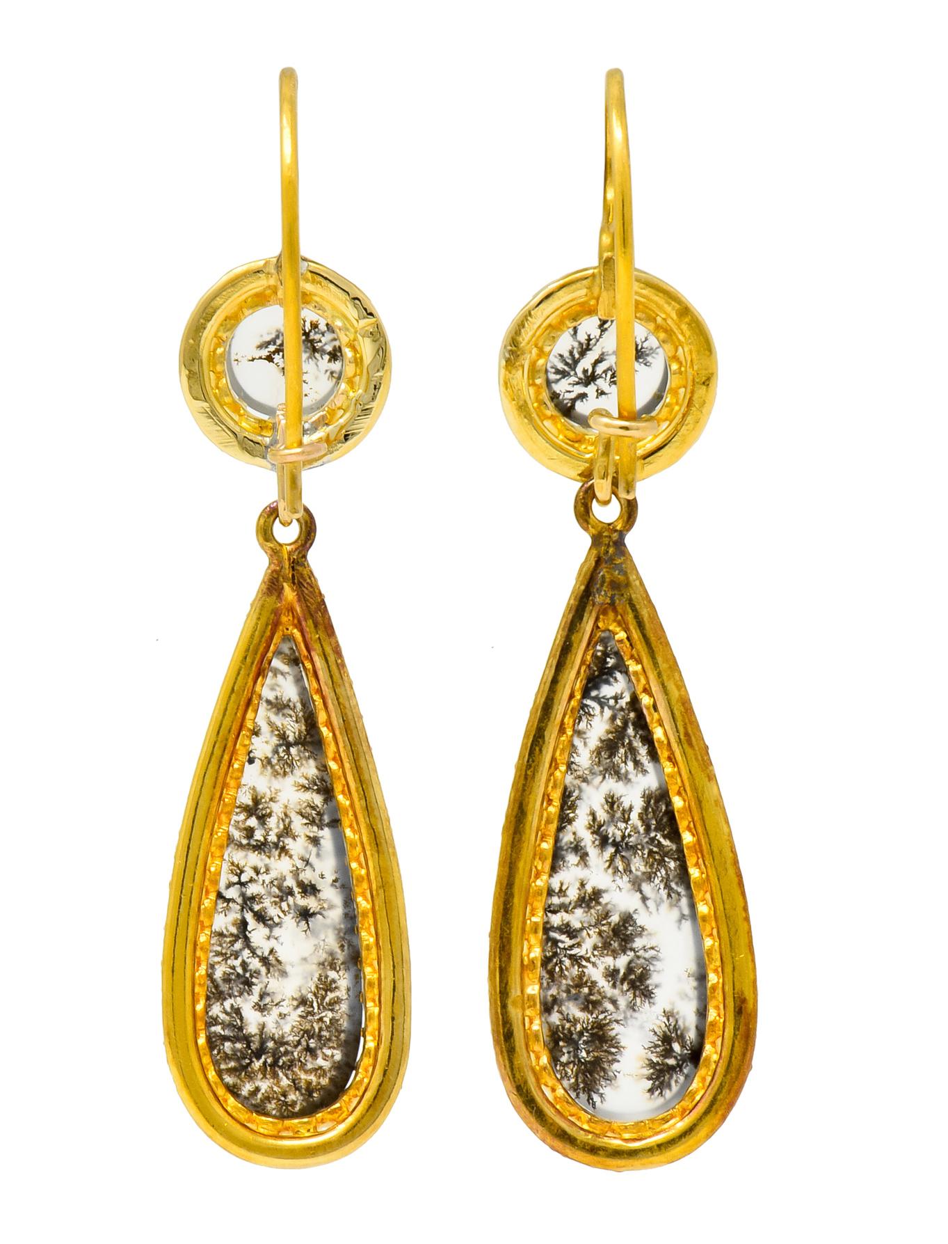 Victorian Dendritic Agate 18 Karat Gold Articulated Day Night Drop Earrings 1