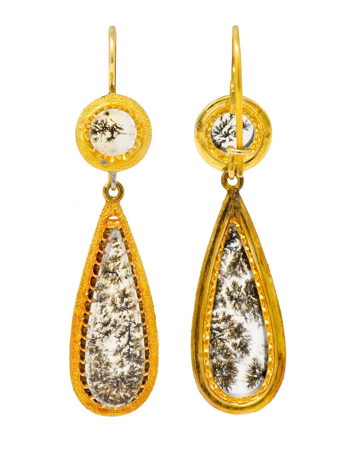Victorian Dendritic Agate 18 Karat Gold Articulated Day Night Drop Earrings 3