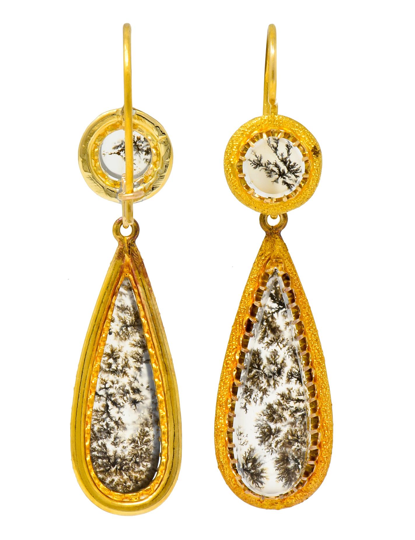 Victorian Dendritic Agate 18 Karat Gold Articulated Day Night Drop Earrings 4