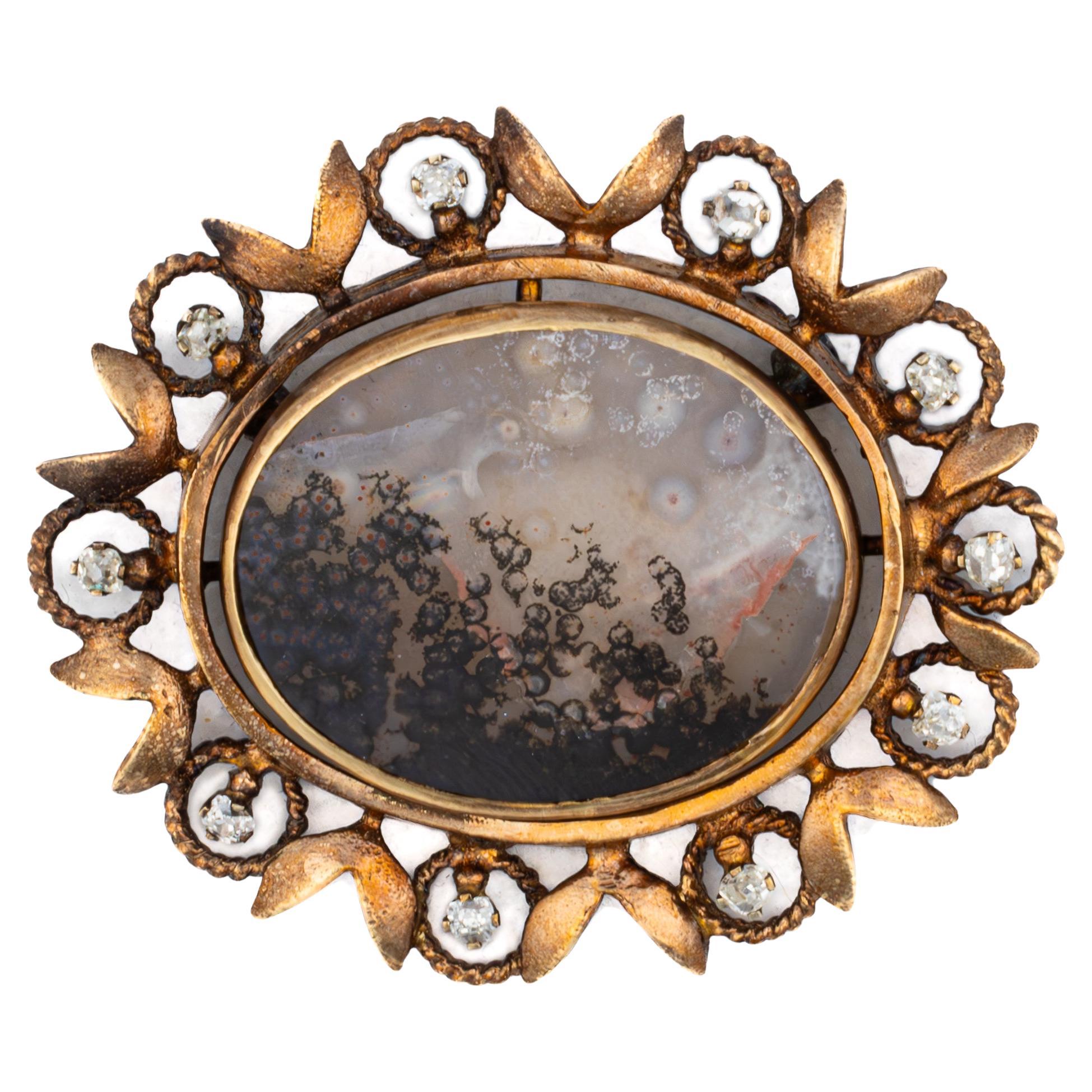 Victorian Dendritic Agate and Diamond Brooch