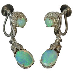 Victorian Design 18 Carat Gold Opal and Diamond Dangle Earrings