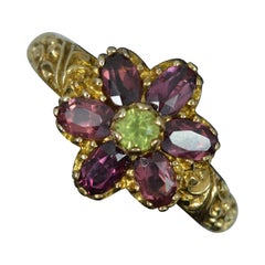 Victorian Design 9ct Gold Peridot and Garnet Flower Cluster Ring