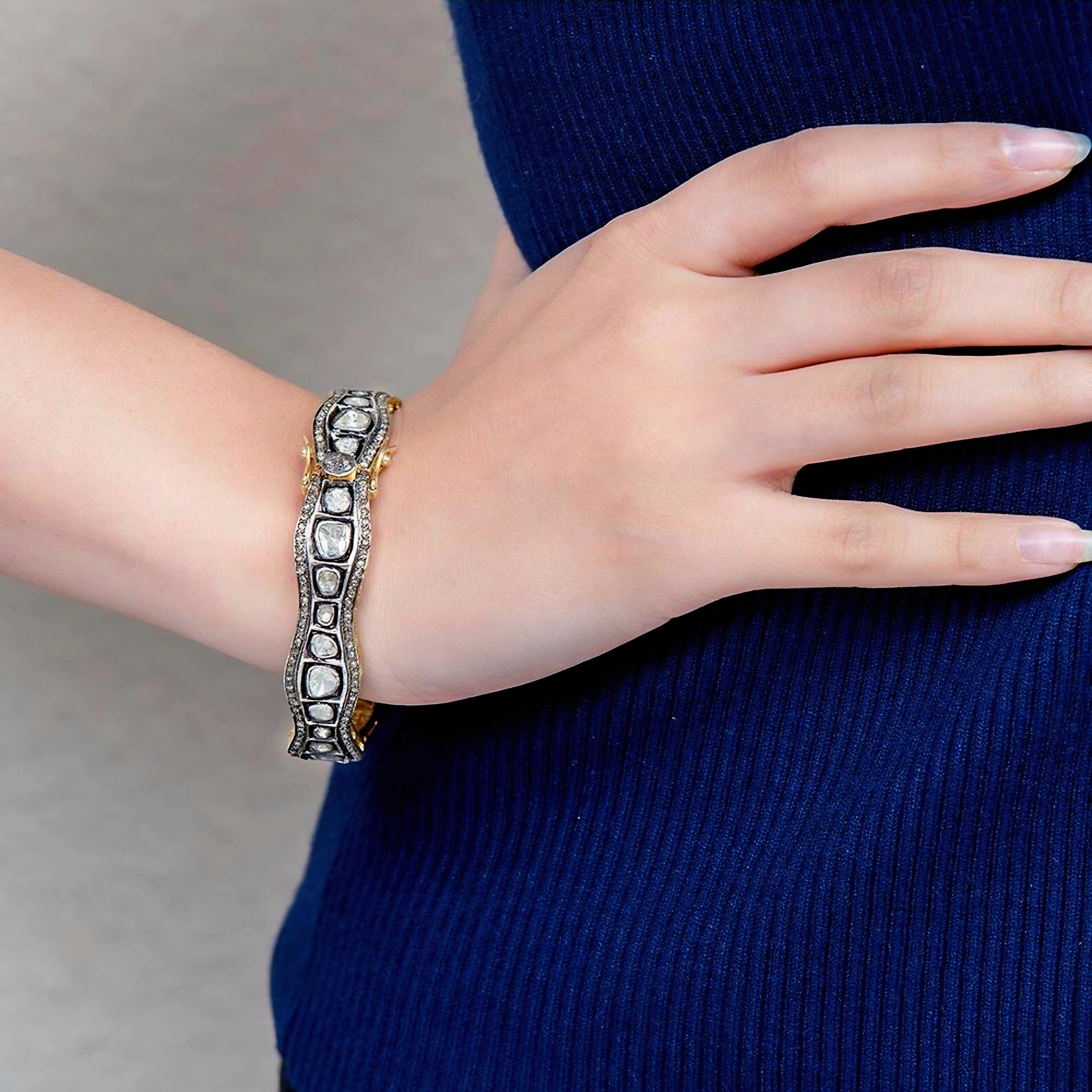 Women's or Men's Victorian design se Cut Polki Diamond Bangle 925 Sterling Silver for Gift For Sale