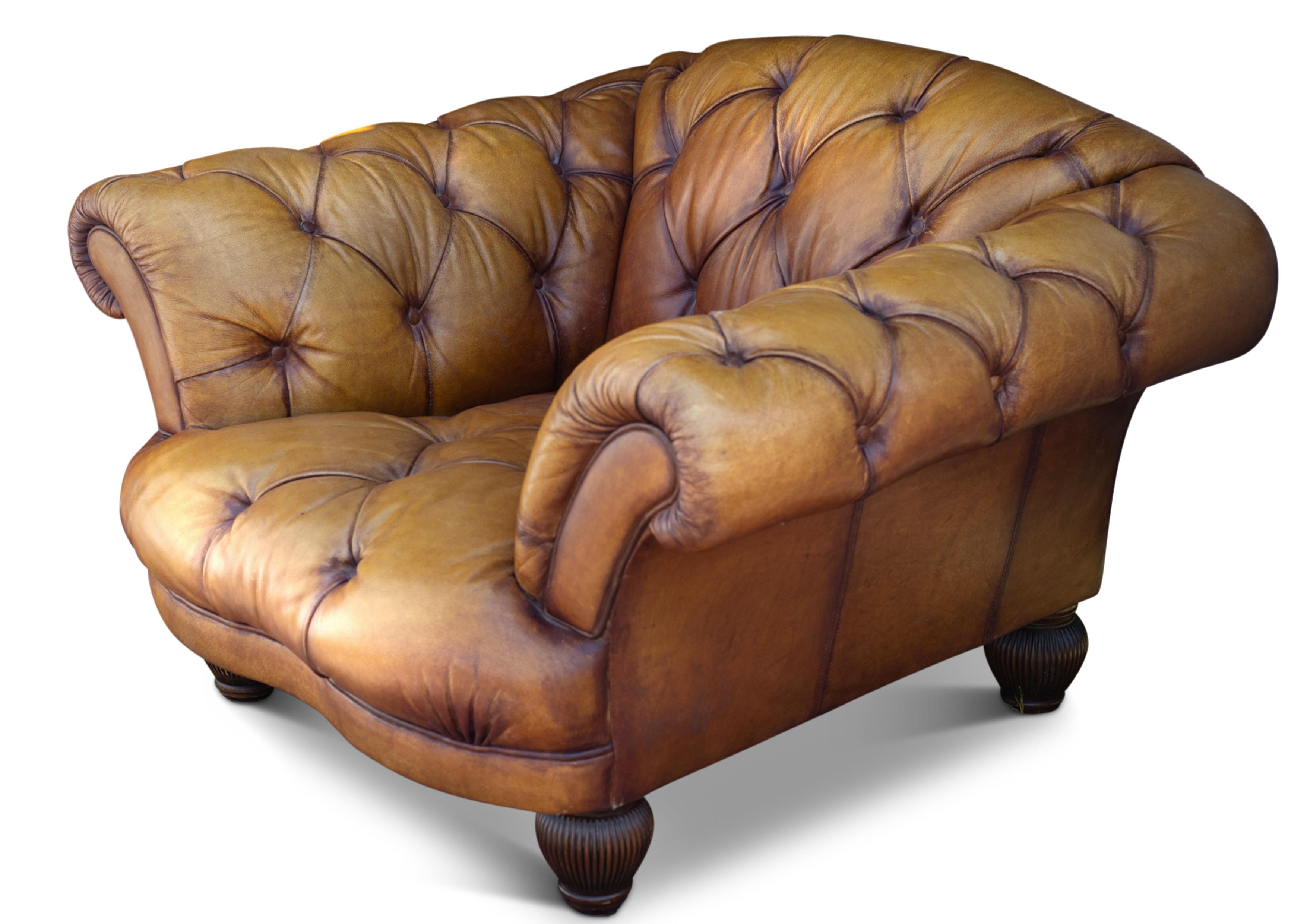 Victorian Grand Tour Design Tan Buffalo Hide Leather Deep Button Chesterfield Club Chair with Matching Chesterfield Footstool 

Handmade in England  using high quality solid timber frame, with the utmost durability and strength.
Finished with a set