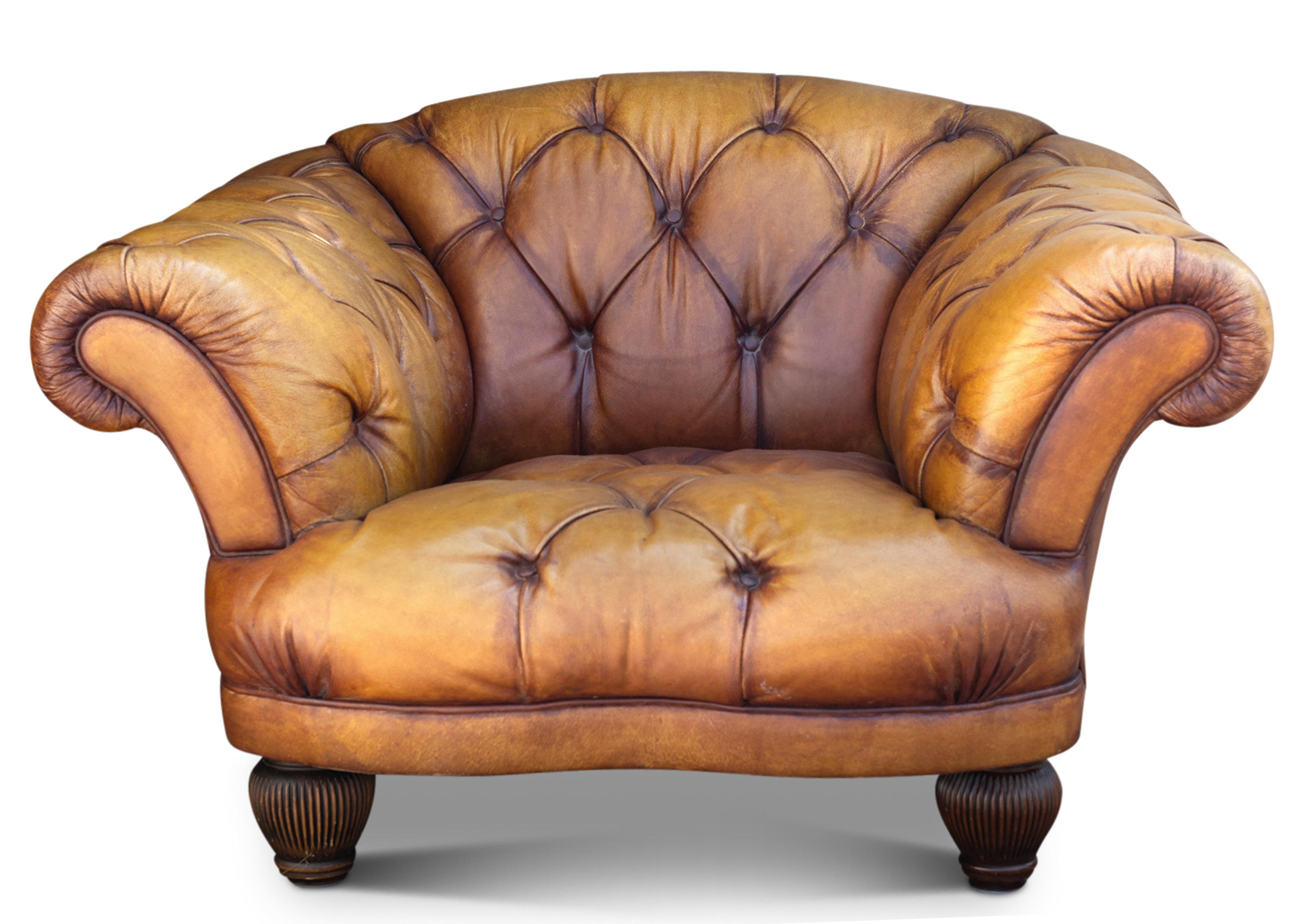 British Victorian Design Tan Leather Deep Button Chesterfield Club Chair & Footstool For Sale