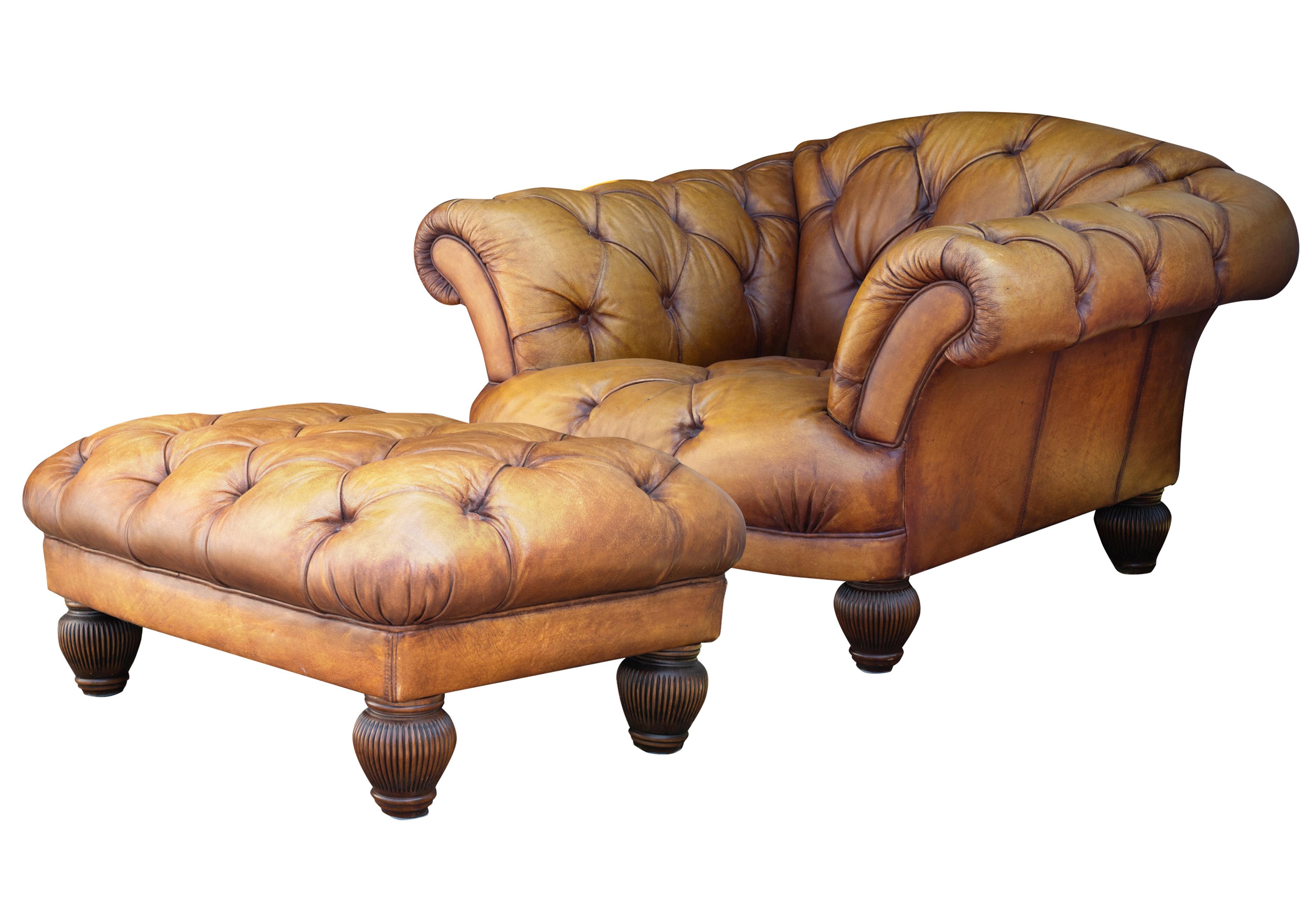 Victorian Design Tan Leather Deep Button Chesterfield Club Chair & Footstool For Sale 1