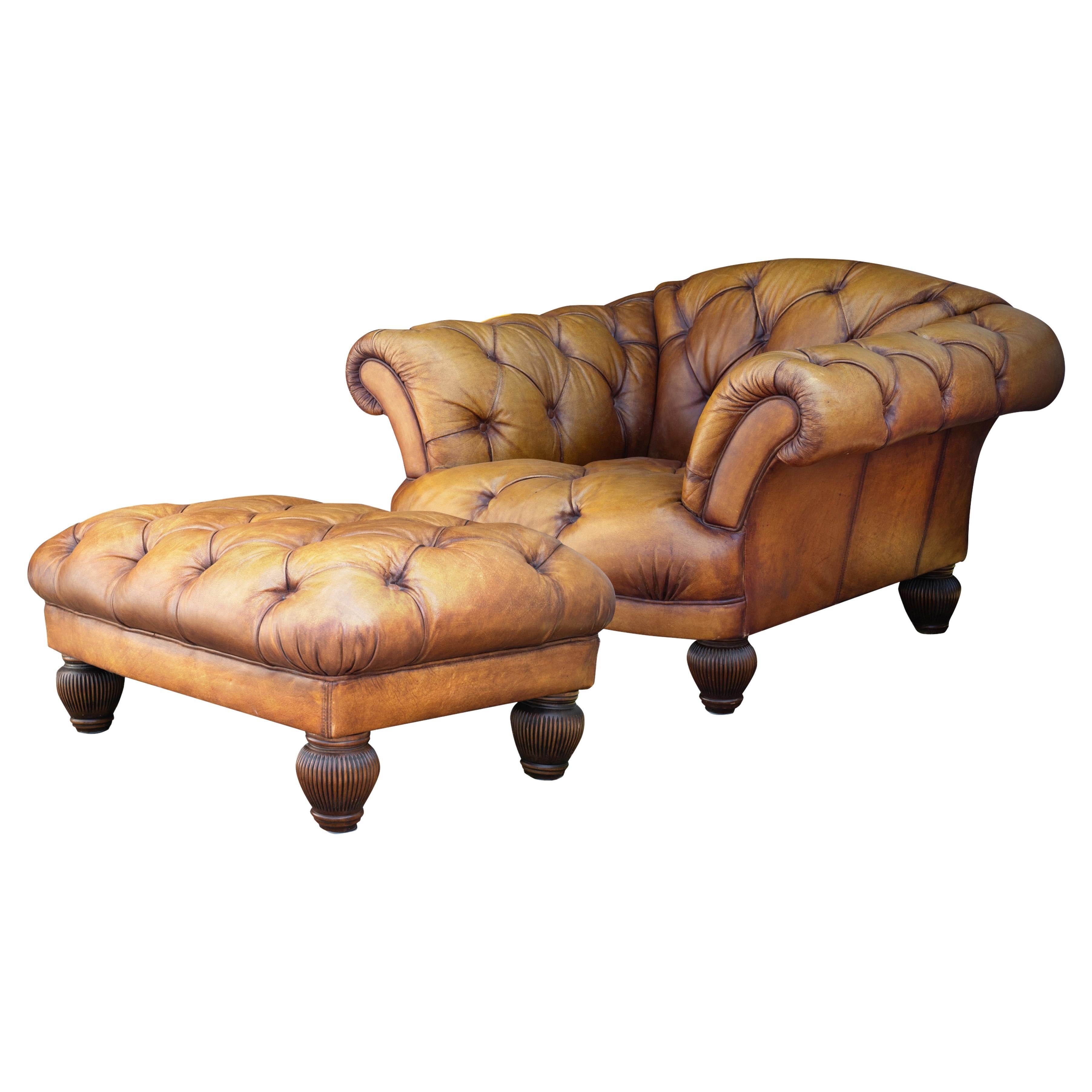 Victorian Design Tan Leather Deep Button Chesterfield Club Chair & Footstool For Sale