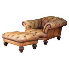Used Victorian Design Tan Leather Deep Button Chesterfield Club Chair & Footstool