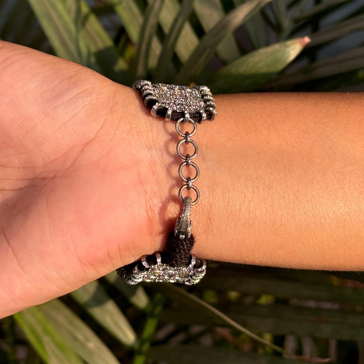 Round Cut Victorian Style Design Zirconia Macrame Thread Bracelet for Women in 925 Silver For Sale