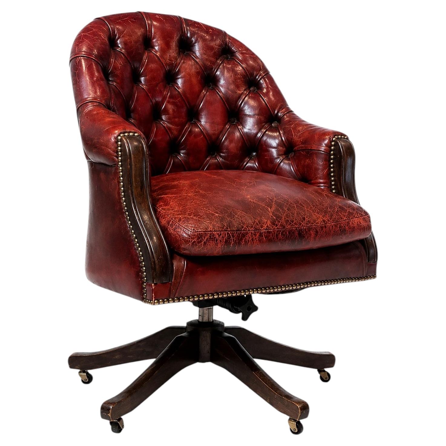 Victorian Designed Chesterfield Burgundy Red Leather Button Tufted Desk Chair