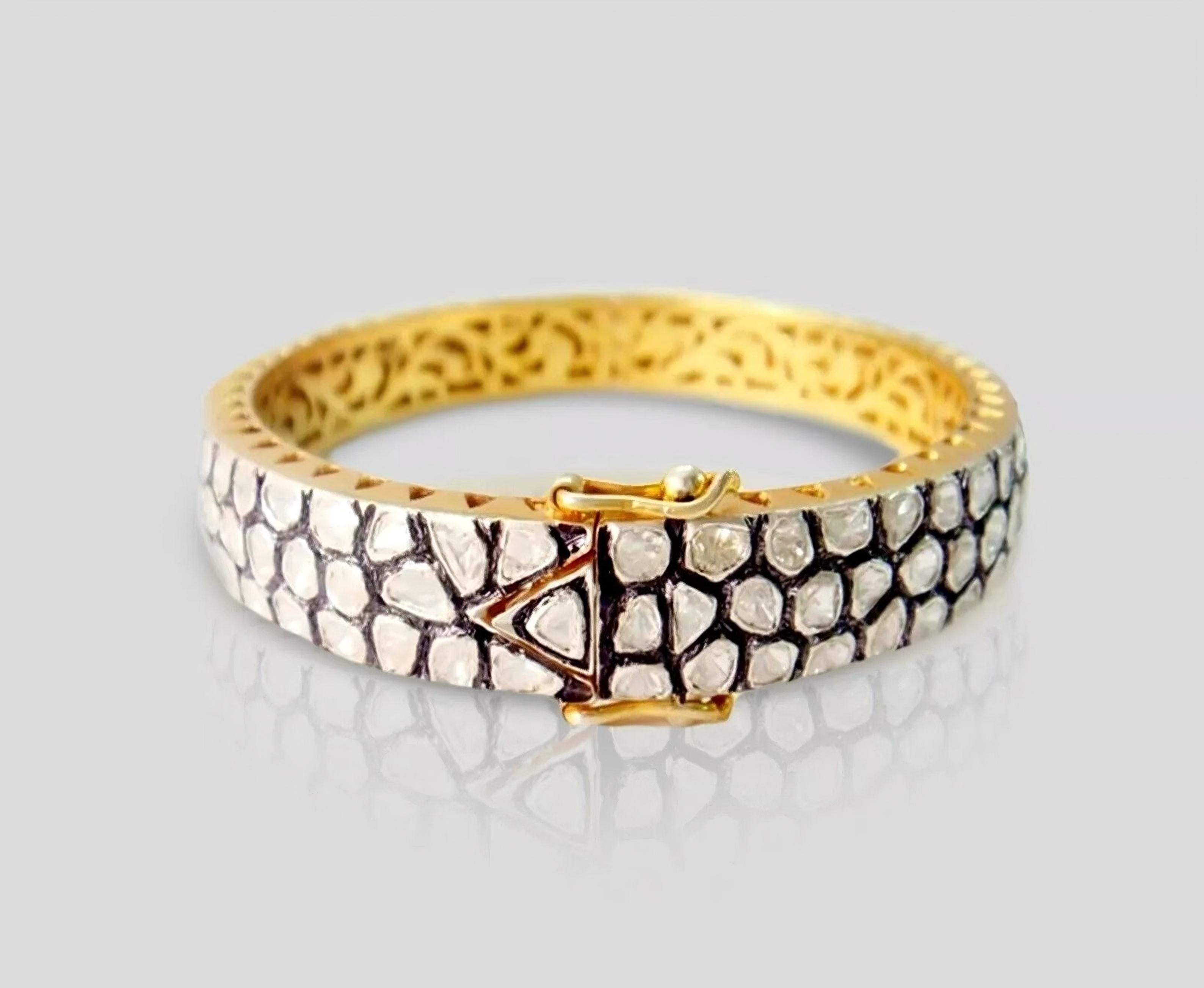 Art Deco Victorian designer Rose Cut Polki Diamond Bangle 925 Sterling Silver for Gift For Sale