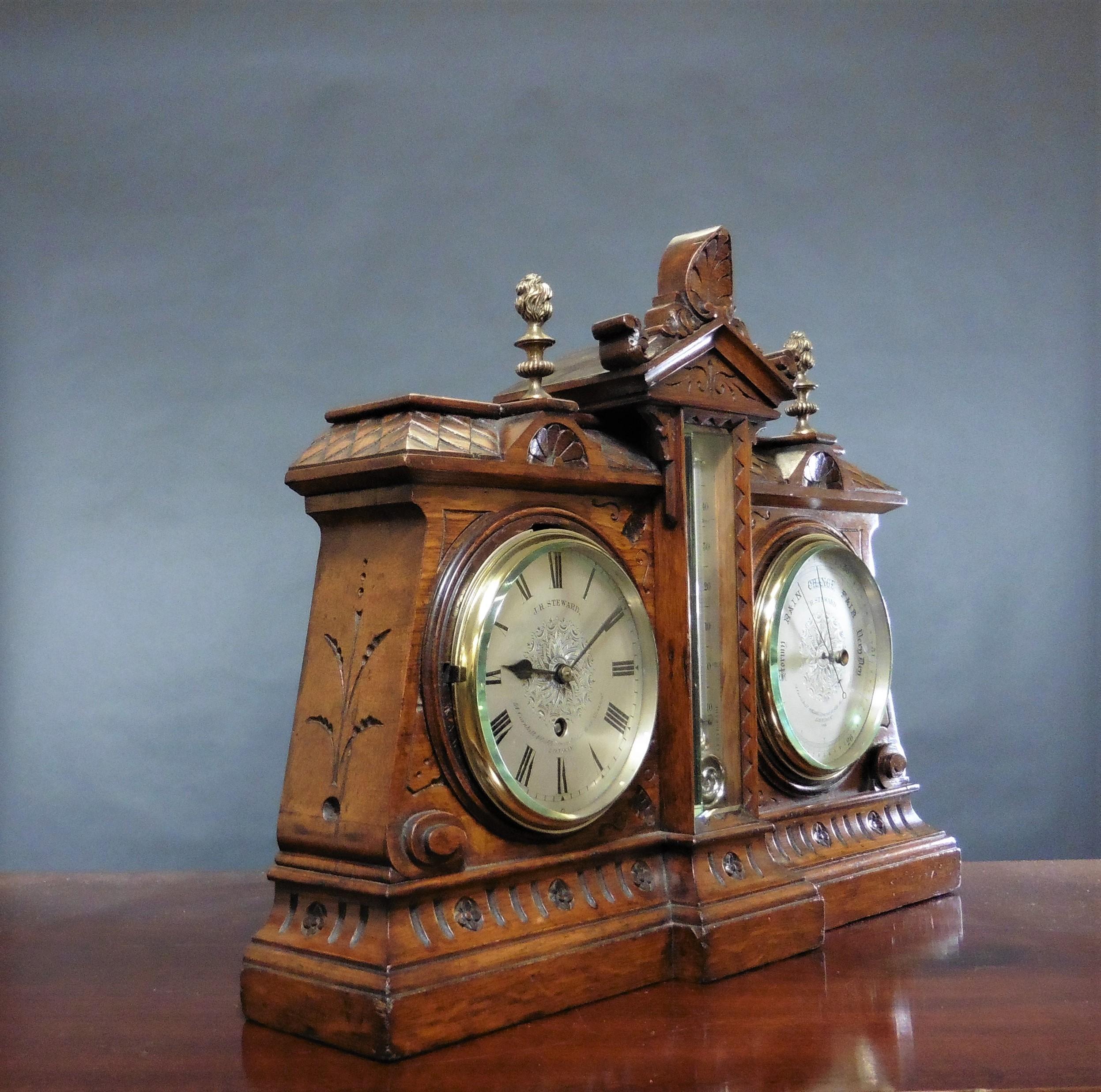 Oak Victorian Desk Clock / Barometer / Thermometer Set For Sale