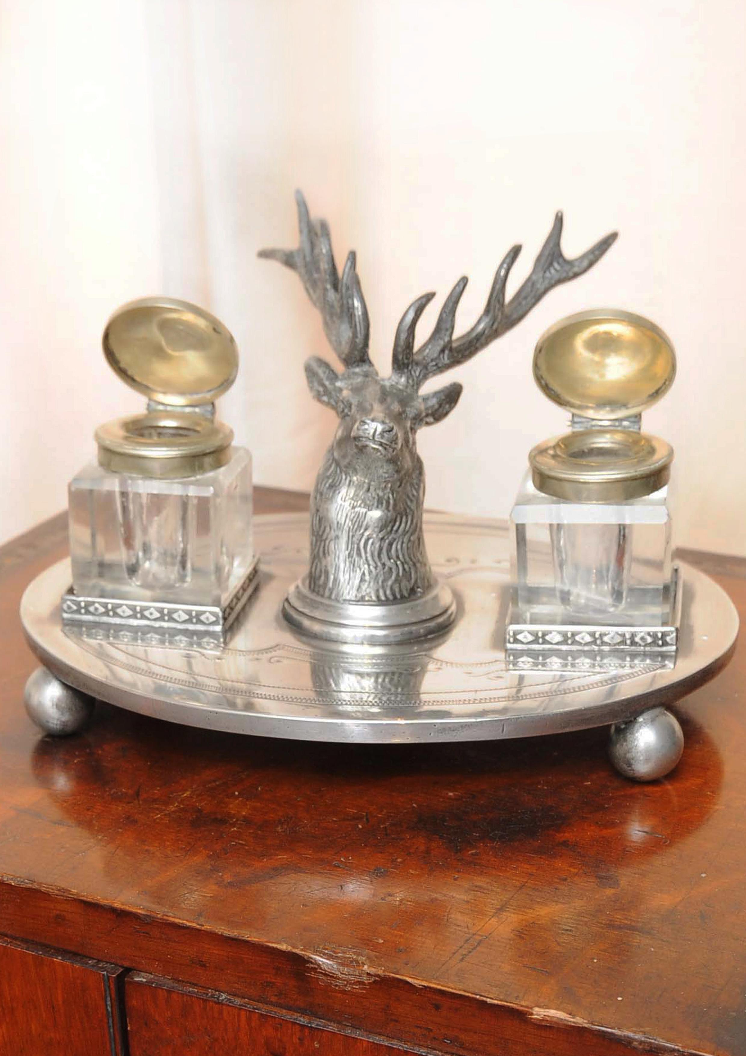 English Victorian Desktop Inkwell Set With Stag Heads by W W Harrison & Co Sheffield For Sale
