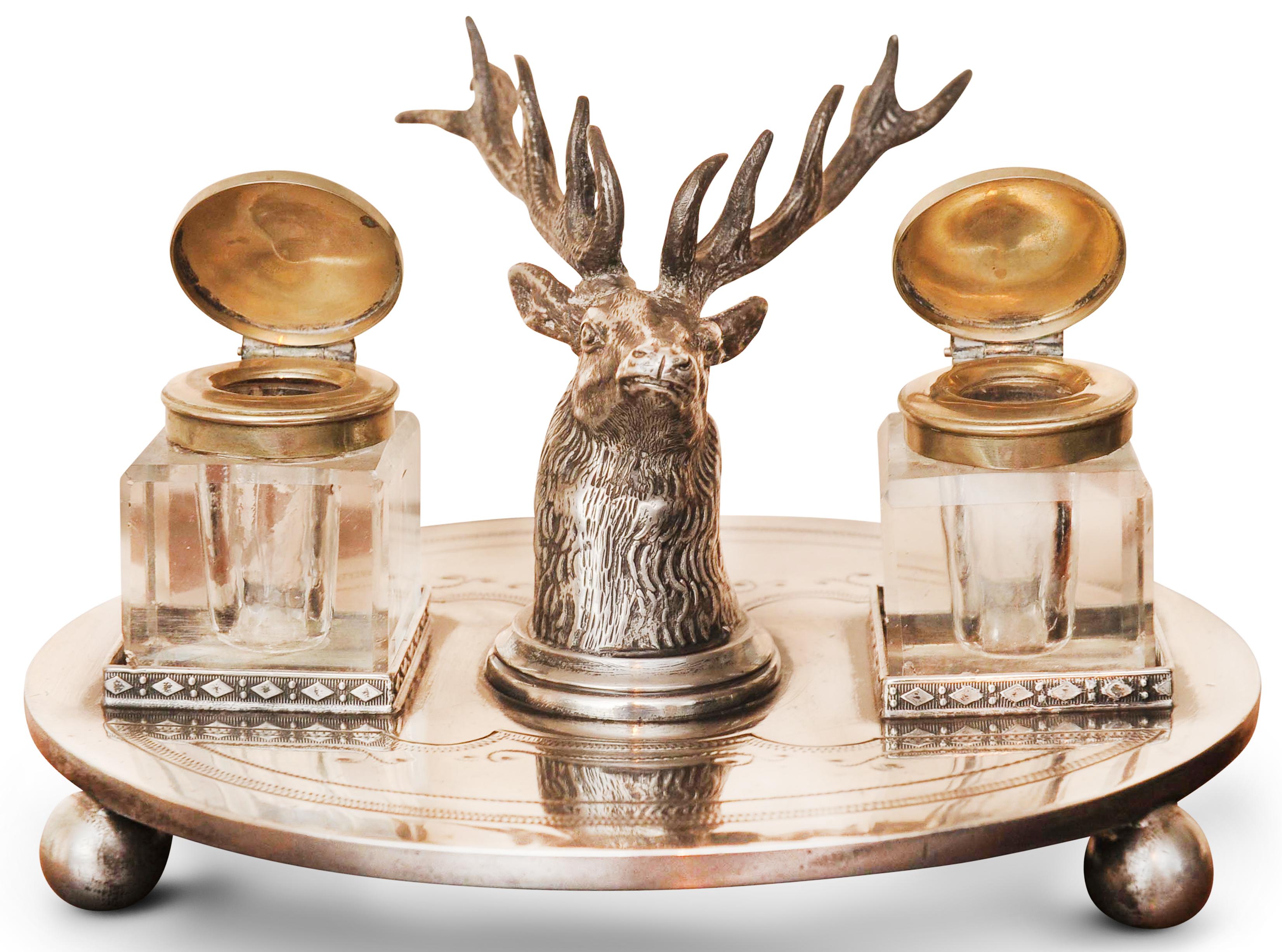 Hand-Crafted Victorian Desktop Inkwell Set With Stag Heads by W W Harrison & Co Sheffield For Sale
