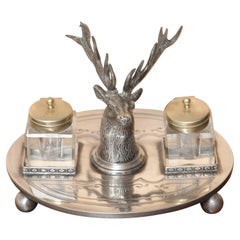 Victorian Desktop Inkwell Set With Stag Heads by W W Harrison & Co Sheffield
