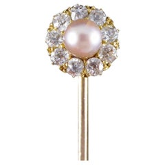 Victorian Detachable Screw Back Pearl and Diamond Cluster Stick Pin in 18ct Gold