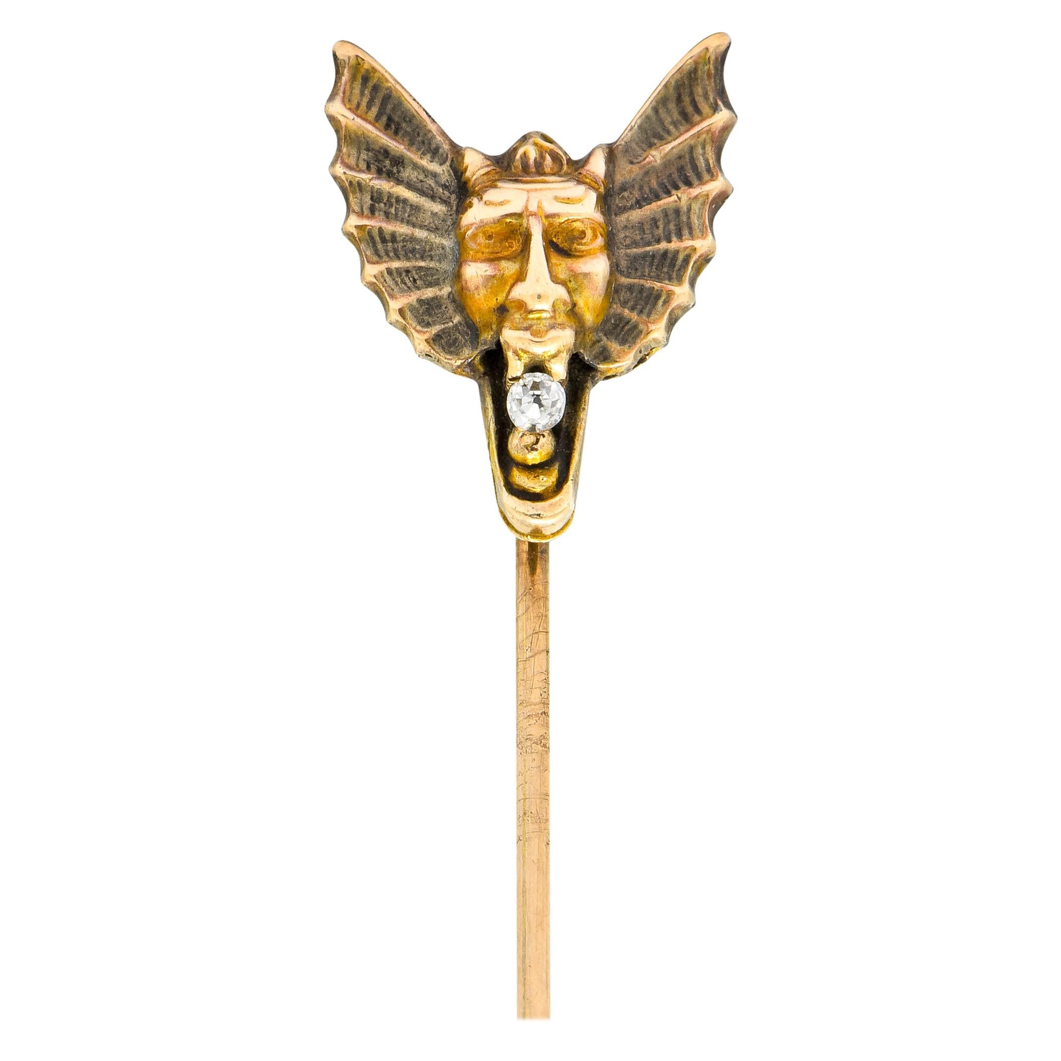 Victorian Diamond 10 Karat Gold Winged Devil Stickpin